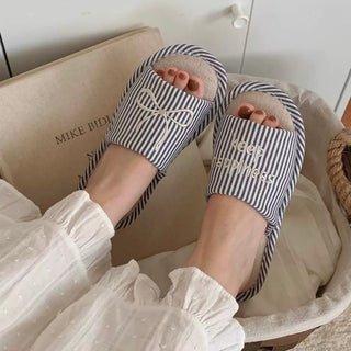 Ribbon embroidered striped linen room shoes  3 sizes indoor slippers.