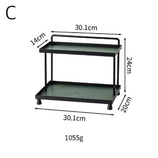 Top handle included. Iron and leather black frame storage tray two-tiered rack. Display rack.