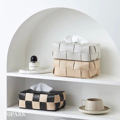 Braided Faux Leather Tissue Case    Checkerboard Pattern