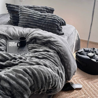Faux Fur Striped Gray Winter Duvet Cover Set