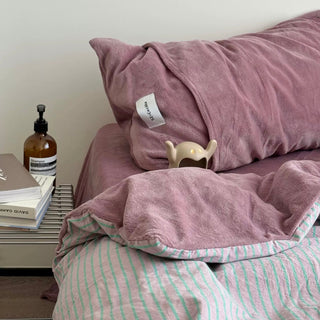 PinkPurple Pin Stripe Cotton Fleece Winter Duvet Cover Set