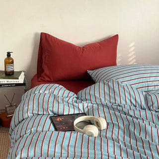 Red x Blue Stripe Soft Cotton Duvet Cover Set   Bed Cover  All Seasons