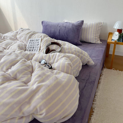 Purple Stripe Milk Velvet Winter Duvet Cover Set