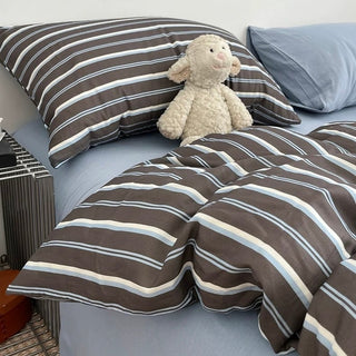 Gray x Blue Stripe Soft Cotton Duvet Cover Set   Bed Cover  All Seasons  Year-Round