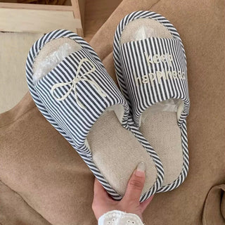 Ribbon embroidered striped linen room shoes  3 sizes indoor slippers.