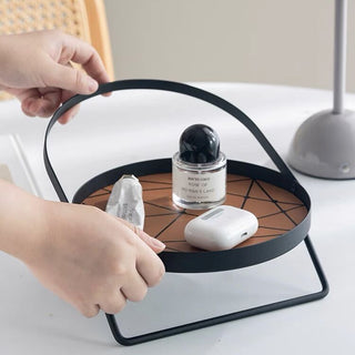 Single-tier round tray with handlein  storage rack