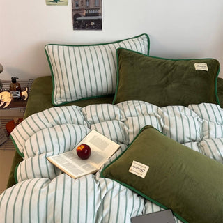 Green stripe piping thick milk fleece winter duvet cover set 2 sizes