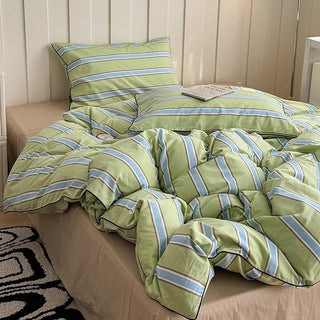 Green Mixed Color Wide Stripe Cotton Duvet Cover Set 2 Sizes  All Seasons