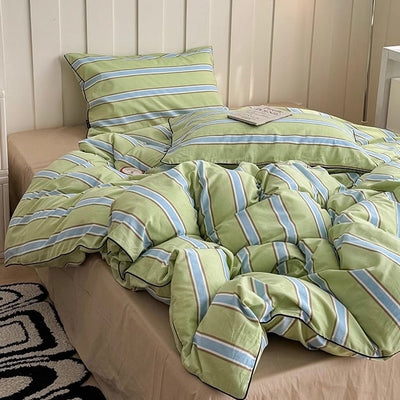 Green Mixed Color Wide Stripe Cotton Duvet Cover Set 2 Sizes  All Seasons