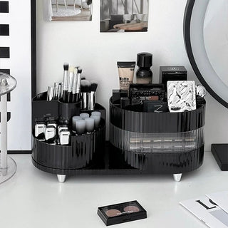 360 Degree Rotating Brush Stand with Sliding Cosmetic Storage Tray