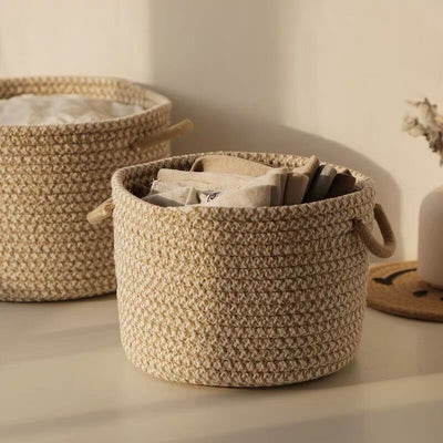 Handled Rope Braided Small Item Storage Basket Set   Set of 2