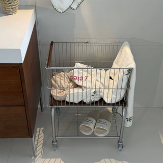 Silver Wood Laundry Basket Cart Wagon Storage