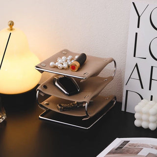 Silver Frame Three-Tier Leather Accessory Tray   Small Item Storage