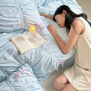 Color Gathered Romantic Ribbon Duvet Cover Set  All Seasons