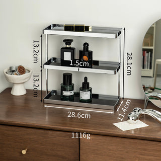 Silver Frame Rectangular Three-Tier Storage Display Rack   Includes Trays for Cosmetics and Perfume Storage