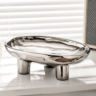 Footed Ceramic Oval Trayin  Silver Plate Accessory Tray