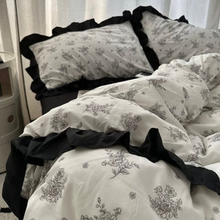 Flower Pattern Black Frill Monotone Duvet Cover Set  All Season