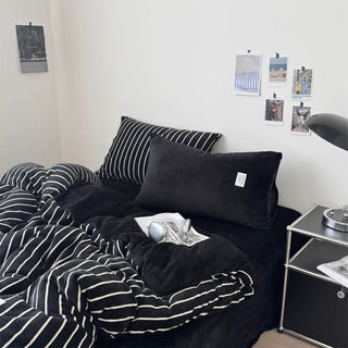 Dark Color Pinstripe Milk Velvet Winter Duvet Cover Set