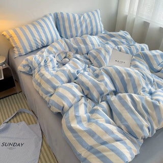 Blue and White Wide Stripe Cotton Duvet Cover Set   Bed Cover  All Seasons