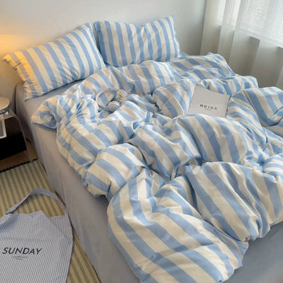 Blue and White Wide Stripe Cotton Duvet Cover Set   Bed Cover  All Seasons