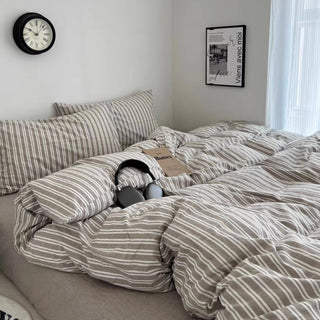 Greige White Stripe Cotton Duvet Cover Set  All Season