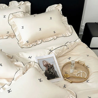 Cooling Ribbon Pattern Frill Ivory Duvet Cover Set Bed Cover Cool Touch