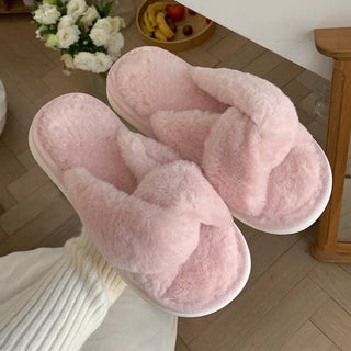 Cross Faux Fur Fluffy Room Shoes  Indoor Slippers