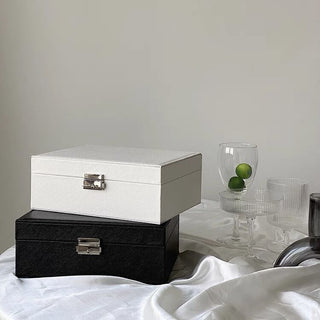 Two-tiered lockable simple jewelry boxin  storage.