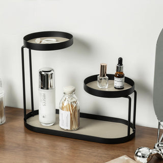 Iron Leather Black Frame Asymmetrical Storage Three-Tier Tray Rack