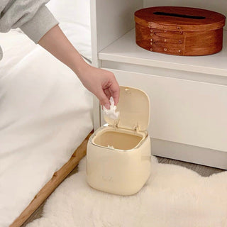 Lidded Cube Tabletop Dustbin Trash Can Cream