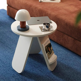 White Compact Round Side Table with Storage Magazine Rack and Coffee Table