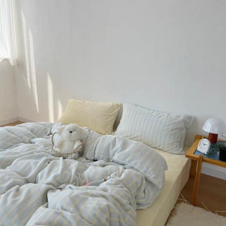 Light Blue Stripe Milk Velvet Winter Duvet Cover Set