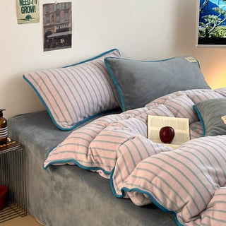 Blue Stripe Piping Thick Milk Fleece Winter Duvet Cover Set