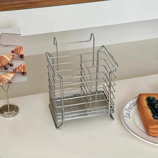 Stainless steel hanging wire basket silver dish drainer small item storage.