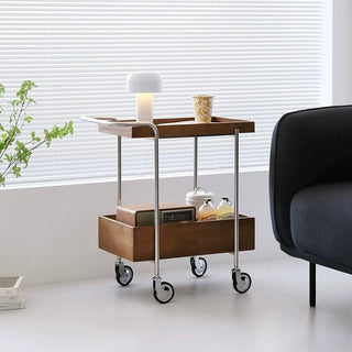 Wood Stainless Steel Side Table with Casters Two-Tier Storage Rack Wagon