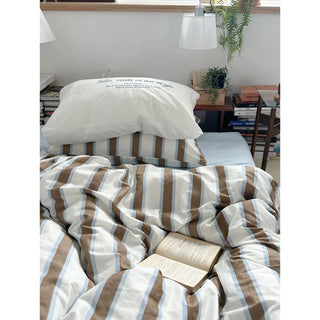 White Brown Stripe Duvet Cover Set
