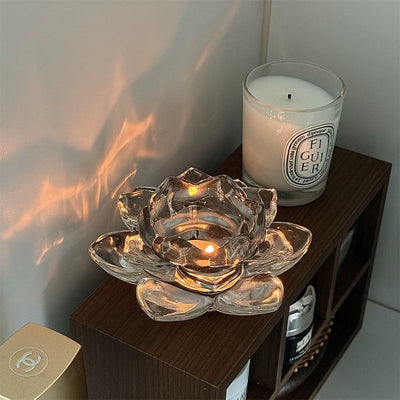 Lotus flower motif clear glass candle holder stand