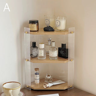 Clear Acrylic Wood Grain Finish Three-Tier Storage Corner Rack   Perfect for Cosmetics and Perfumes