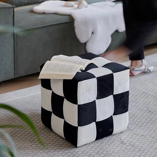 Cube-shaped checkerboard pattern stool ottoman checkerboard pattern