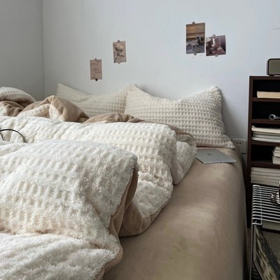 White Beige Thick Milk Fleece Winter Duvet Cover Set