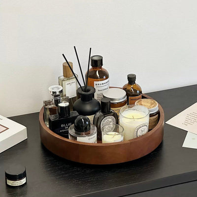 360 Degree Rotating Natural Wood Round Cosmetic Storage Tray
