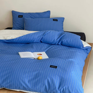 Blue Double-Sided Stripe Cotton Duvet Cover Set   Bed Cover  All Seasons
