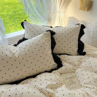 Polka Dot Pattern Black Frill Monotone Duvet Cover Set  All Season