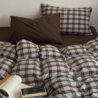 Brown Sheets Checkered Pattern Cotton Duvet Cover Set  All Seasons