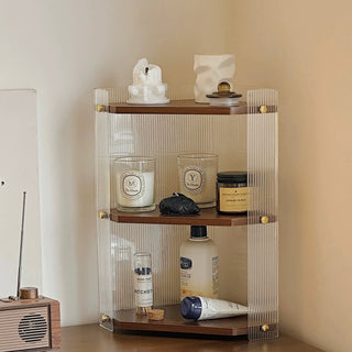 Clear Acrylic Wood Grain Finish Three-Tier Storage Corner Rack   Perfect for Cosmetics and Perfumes