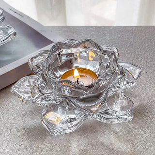 Lotus flower motif clear glass candle holder stand