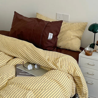 Yellow Brown Pin Stripe Cotton Duvet Cover Set 2 Sizes  All Seasons