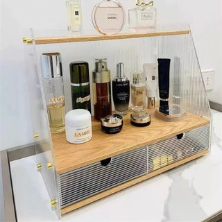 Clear x Wood Grain Cosmetic Storage Rack with Drawers