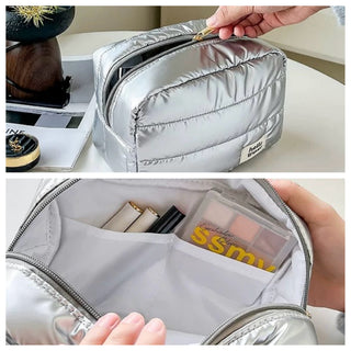 Metallic Color Rectangular Cosmetic Storage Puff Pouch  Silver Travel Pouch