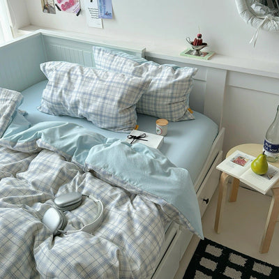 Sky blue check pattern duvet cover set 2 sizes  all season
